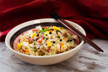 Cantonese fried basmati rice with ham and eggs