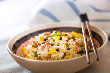 Cantonese fried basmati rice with ham and eggs