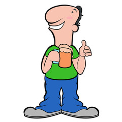 Happy cartoon character drinking beer. Vector illustration design