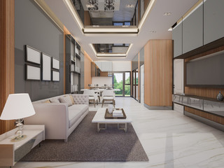 Obraz na płótnie Canvas Interior design of cozy house with garden view , 3d rendering