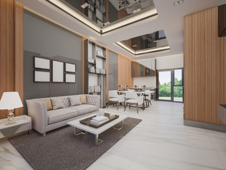 Ground floor of luxury house , Living and dining area with wooden wall . 3d rendering