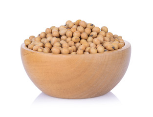 soybeans in wooden bowl on white background