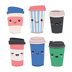 Hand drawn various coffee cups with kawaii faces. Colored vector set. All elements are isolated