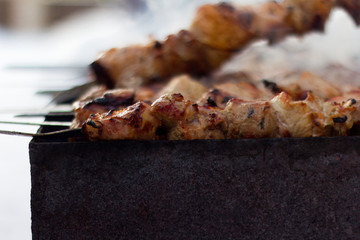 a shish kebab is grilled on a grill with a smoke