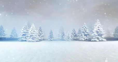 Zelfklevend Fotobehang magisch kalm winterbos bij daglicht met sneeuwdruppels, winter natuur 3D scène kopieer ruimte achtergrond afbeelding weergave © LeArchitecto