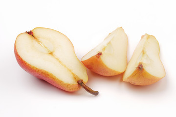 Naklejka na ściany i meble Isolated pears. half and quarter sliced of yellow pear fruits isolated on white background