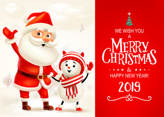 Merry Christmas and Happy New Year! Santa Claus and snowman with big signboard. Holiday greeting card. Isolated vector illustration.