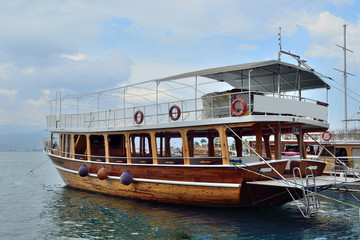 Fototapeta na wymiar Double-deck wooden ship is on the raid