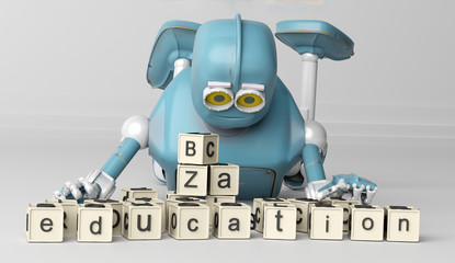 Retro Robot plays with wooden ABC cubes on floore. 3D rendering. Education scientist robot student