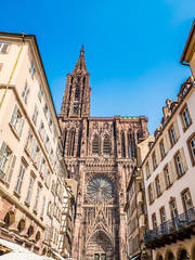 Fototapeta na wymiar Strasbourg Cathedral or the Cathedral of Our Lady of Strasbourg (French: Cathedrale Notre-Dame de Strasbourg), also known as Strasbourg Minster, Alsace, France wide angle