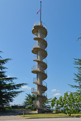 The Gonjace Observation Tower on Mejnik Hill in Primorska, Slovenia. Built in 1961, it is 23 metres...