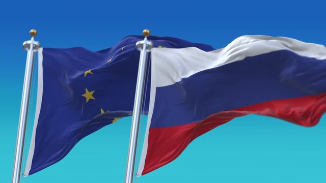 4k Seamless Russia and European Union Flags with blue sky background,A fully digital rendering,The animation loops at 20 seconds,RUS EU.