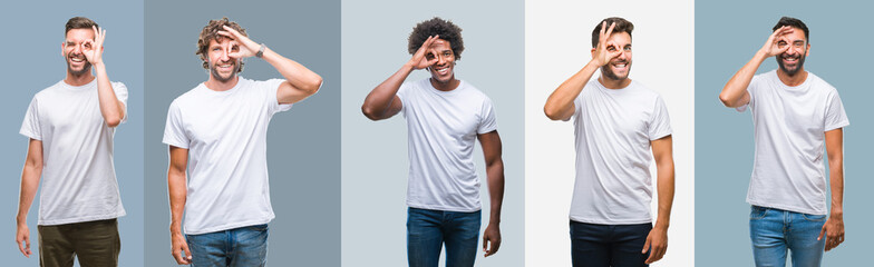 Collage of group of handsome hispanic, indian and arab men over vintage background doing ok gesture with hand smiling, eye looking through fingers with happy face.
