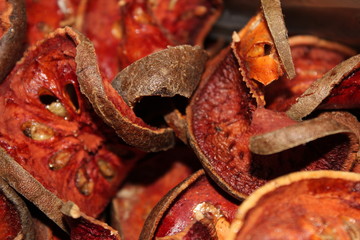 Dried bael fruit background. Close up dried herb. Many of slices of bael fruit .