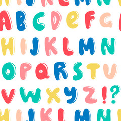 Cartoon style alphabet. Colored vector seamless pattern