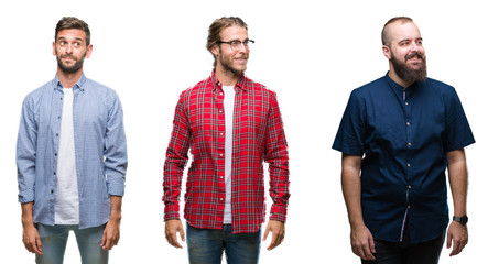 Collage of group of young men over white isolated background smiling looking side and staring away thinking.