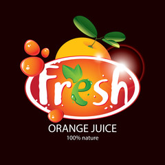 Naklejka premium Vector banner with juicy orange, drops of juice and large lettering Fresh on a black background