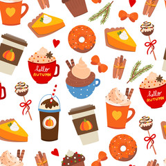 Pumpkin spice. Various tasty stuff. Colored vector seamless pattern