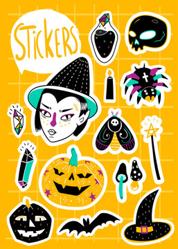 Magic Halloween stickers. Hand drawn vector set. All elements are isolated