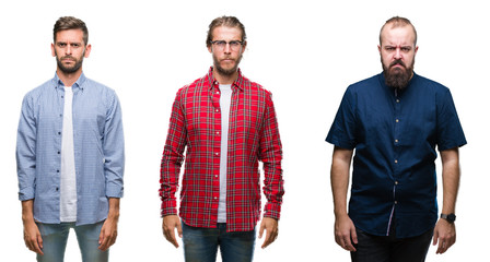 Collage of group of young men over white isolated background skeptic and nervous, frowning upset because of problem. Negative person.