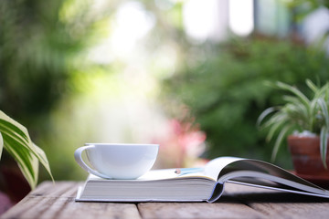 White cup with plant and notebooks