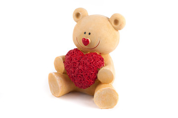 Valentines Day. Love heart. Couple Teddy Bears in embrace, hugging. Handmade red heart, ribbon, bow. Vintage retro romantic style.Unusual creative greeting card on wood. Family, wedding and friendship