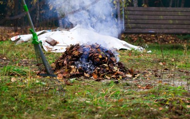Campfire smoke and grey ashes with burning dry grass and leaves