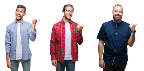 Collage of group of young men over white isolated background smiling with happy face looking and pointing to the side with thumb up.