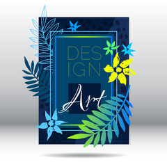 Tropical palm leaves art frames. Modern card design, flowers cover, blue premium brochure, flyer, invitation template. Business identity elegant style. Hand drawn vector