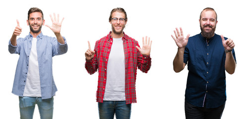 Collage of group of young men over white isolated background showing and pointing up with fingers number six while smiling confident and happy.