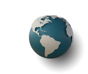 Globe icon with smooth shadows and white map of the continents of the world