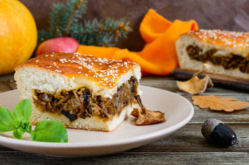 A large piece of tasty pie with cabbage and forest mushrooms on a plate close-up. Autumn theme.