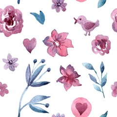 Watercolor seamless pattern with blue flowers