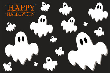 Illustrazione fantasmi su sfondo nero, con testo Happy Halloween, 
