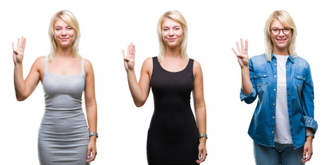 Collage of beautiful blonde woman over isolated background showing and pointing up with fingers number four while smiling confident and happy.