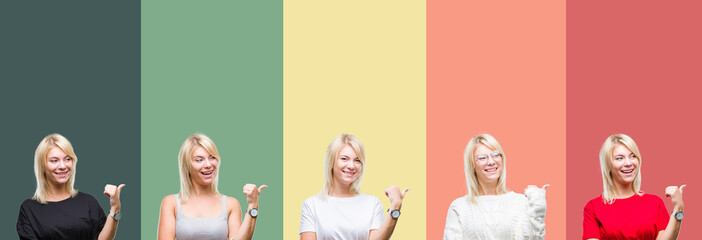 Collage of beautiful blonde woman over vintage isolated background smiling with happy face looking and pointing to the side with thumb up.