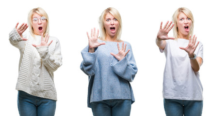 Collage of beautiful blonde woman wearing winter sweater over isolated background afraid and terrified with fear expression stop gesture with hands, shouting in shock. Panic concept.