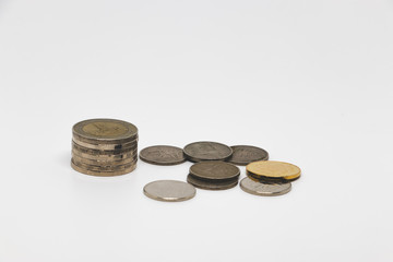 One stacks of coin on white background. Coin thailand.