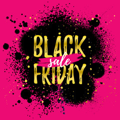 Black Friday Sale banner. Abstract grunge black ink splashes and blots. Discount layout