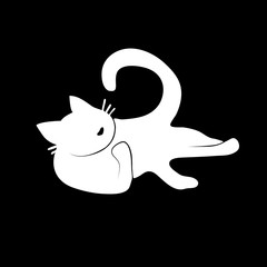 Vector Illustration. Silhouette white cat on black background. Shadow-figure isolated cat icon