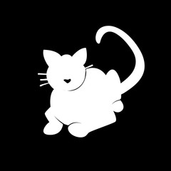 Vector Illustration. Silhouette white cat on black background. Shadow-figure isolated cat icon