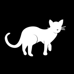 Vector Illustration. Silhouette white cat on black background. Shadow-figure isolated cat icon