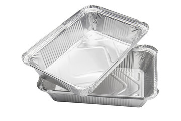Foil food delivery container with reflection isolated over the white background