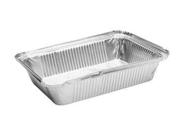 Foil food delivery container with reflection isolated over the white background