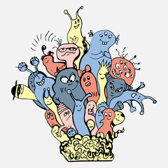Cute monster vector doodle illustration. Cartoon monster in one branch with faces on. Doodling hand draw funny and cute art