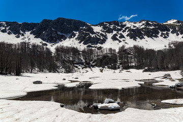 Winter landscape with the Arrenes or Moutsalia alpine lake on Mt Grammos in Greece