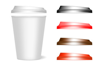 A mockup of a paper cup with lids of different colors for coffee, tea, drinks, water. Can be used as a template for design. Vector illustration on white background.