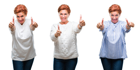 Collage of middle age senior woman over white isolated background approving doing positive gesture with hand, thumbs up smiling and happy for success. Looking at the camera, winner gesture.