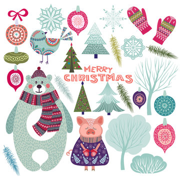 Christmas elements collection with seasonal items and cartoon characters
