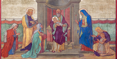 PRAGUE, CZECH REPUBLIC - OCTOBER 17, 2018: The fresco of Presentation in the Temple in church...